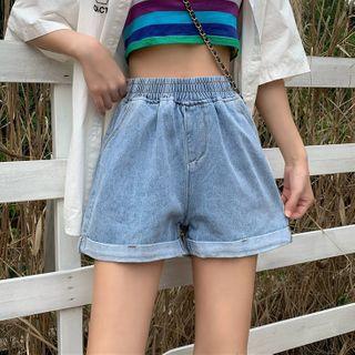 Band-waist Denim Wide-leg Shorts