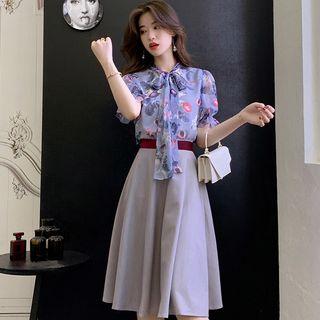 Set: Printed Short-sleeve Chiffon Blouse + A-line Skirt