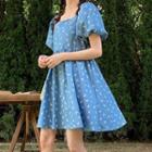 Square-neck Puff Short-sleeve Butterfly Print Mini Dress Light Blue - One Size