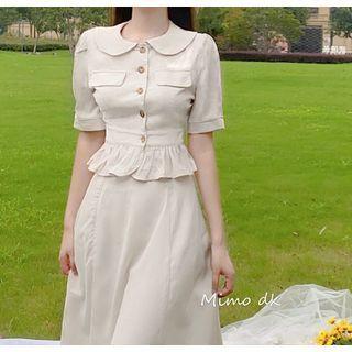 Short-sleeve Peplum Blouse / A-line Midi Skirt / Set