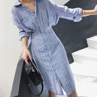 Long-sleeve Striped Midi Sheath Shirtdress