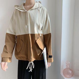 Two-tone Hooded Long-sleeve Top As Shown In Figure - One Size