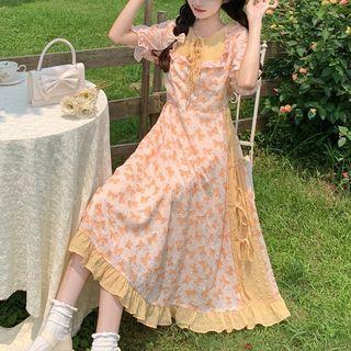 Short-sleeve Ribbon Print Midi A-line Dress
