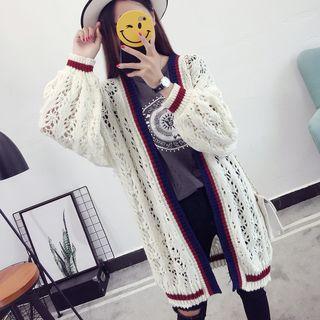 Contrast Trim Crochet Knit Long Cardigan