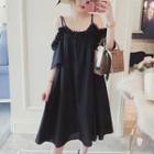 Flower Applique Cold Shoulder Short-sleeve A-line Dress