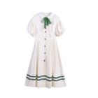 Puff-sleeve Collared Buttoned A-line Dress Milky White - One Size
