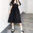 Short-sleeve Sailor Collar Midi A-line Dress Black - One Size