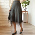 Tulle-layered Midi Pleated Knit Skirt