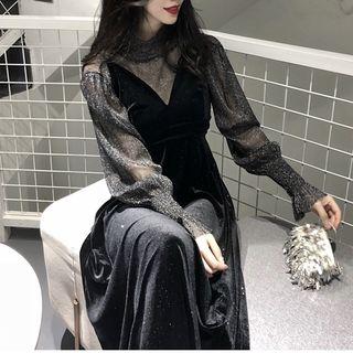 Set: Long-sleeve Ruffle Trim Mesh Top + Spaghetti Strap Dress