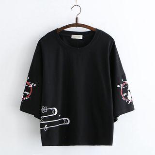 3/4-sleeve Print T-shirt Black - One Size