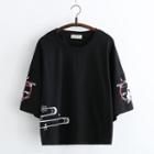 3/4-sleeve Print T-shirt Black - One Size