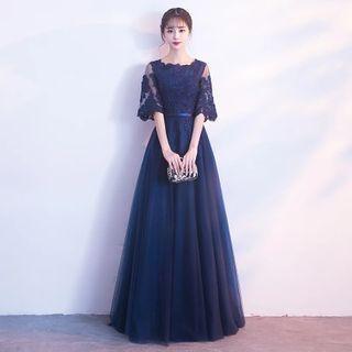 Elbow-sleeve Floral Applique Gown