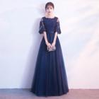Elbow-sleeve Floral Applique Gown