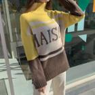 High-neck Lettered Color-block Sweater