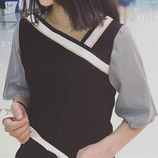 Panel Elbow-sleeve Asymmetric V-neck Top