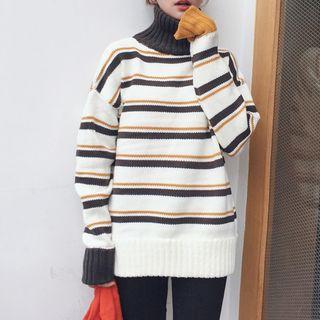 Turtle-neck Striped Long-sleeve Knit Sweater
