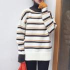 Turtle-neck Striped Long-sleeve Knit Sweater