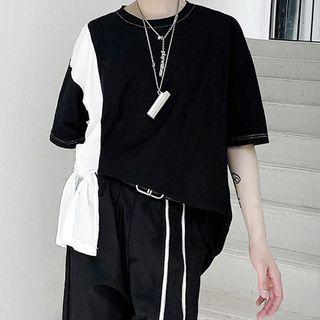 Contrast Color Panel Slit Short-sleeve T-shirt