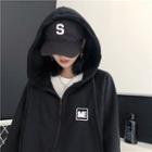 Letter Embroidered Zip Hoodie Black - One Size