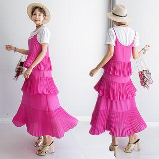 Spaghetti-strap Pleated-trim Dress
