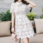 Collared Short-sleeve A-line Lace Dress