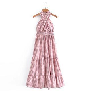 Sleeveless Crisscross Gingham Maxi A-line Dress