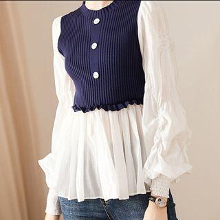 Mock Two-piece Puff-sleeve Peplum Blouse