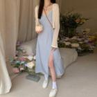 Spaghetti-strap Plaid Slit Midi A-line Dress / Cardigan