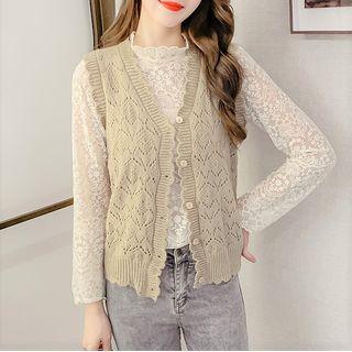 Long-sleeve Lace Top / Pointelle Knit Button-up Sweater Vest