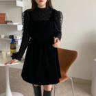 Stand Collar Long-sleeve Panel Dot Mesh Top / Square Neck Velvet Pinafore Dress