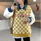 Patchwork Bubble-sleeve Loose Polo Sweater Checker - One Size