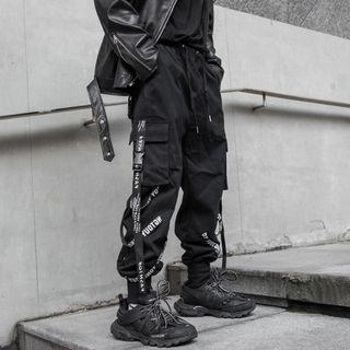 Buckled Lettering Print Cargo Pants