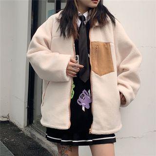 Color Block Chain Accent Zip-up Fleece Jacket Almond - One Size