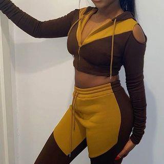 Set: Cold Shoulder Two-tone Hoodie + Sweatpants