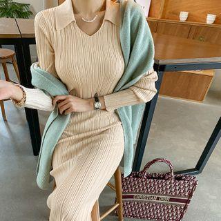 Collared Rib-knit Long Bodycon Dress