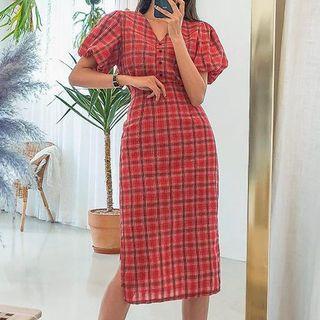 Check V-neck Short-sleeve Midi Sheath Dress