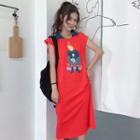 Cartoon Print Sleeveless Collared Midi T-shirt Dress