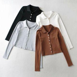 Long Sleeve Collar Plain Crop Top