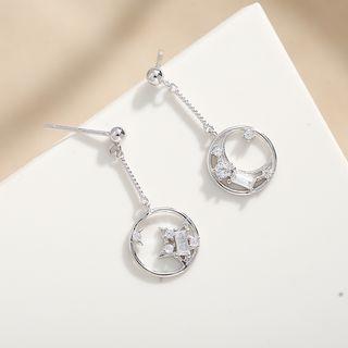 925 Sterling Silver Rhinestone Moon & Star Dangle Earring 1 Pair - Rhinestone Moon & Star Dangle Earring - One Size