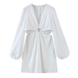Balloon-sleeve Cut-out Mini A-line Dress