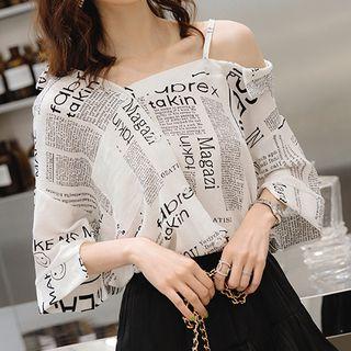 Elbow-sleeve Print Cold-shoulder Blouse White - One Size