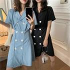 Plain Double-breasted V-neck Short-sleeve Dress