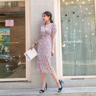 Puff-sleeve Floral Long Sheath Dress