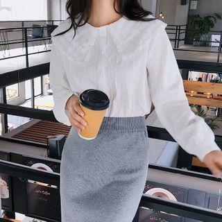 Peter Pan-collar Long-sleeve Plain Blouse