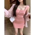 Long-sleeve Striped Shirt / Sleeveless Slim-fit Mini Dress