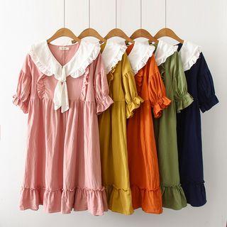 Elbow-sleeve Ruffled Wide Collar Dress