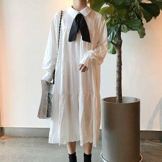 Long-sleeve Tiered Midi A-line Shirtdress