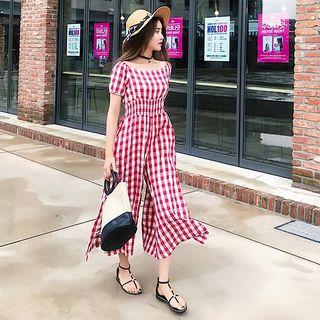 Short-sleeve Check Jumpsuit