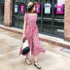 Short-sleeve Check Jumpsuit
