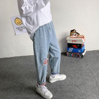 High-waist Plaid Panel Jeans